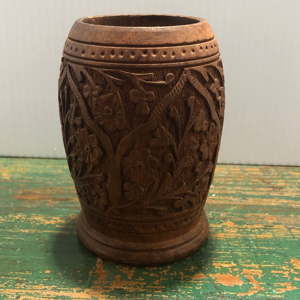 Intricately Carved Wooden cup, vase